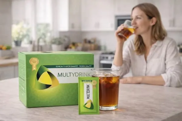 Mujer disfrutando MultyDrink en la cocina