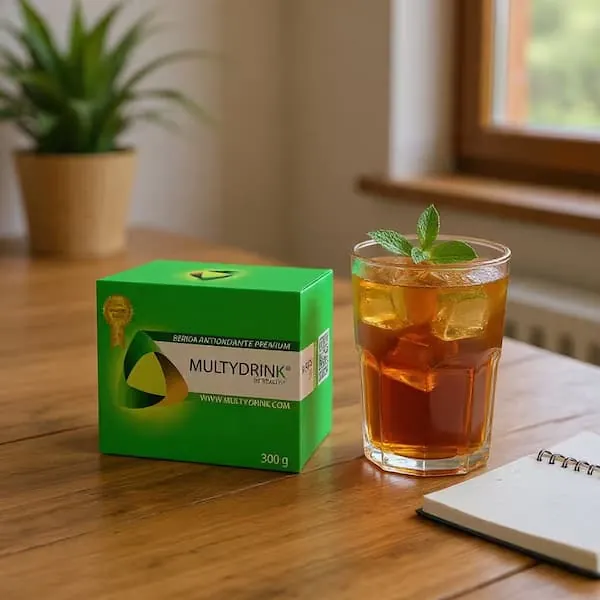 Caja de MultyDrink junto a un vaso servido