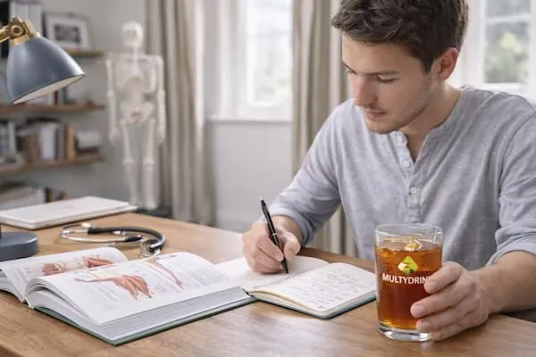 Estudiante con un vaso de MultyDrink mientras estudia