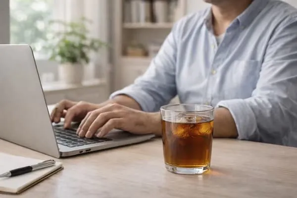 Hombre trabajando en su computador con un vaso de MultyDrink